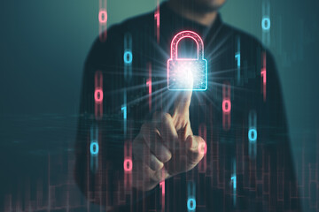 Data Security system concept, Business man use laptop with security icon screen, innovation technology, cloud computing, internet network communication