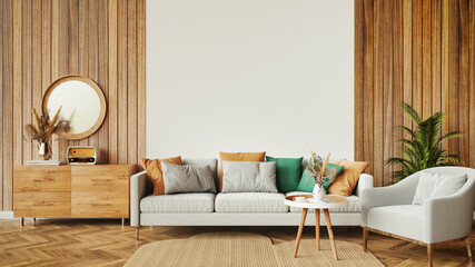 A modern living room interior with a wooden accent wall, cozy seating, and minimalist decor in earthy tones...
