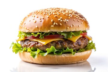 Real burger on white background with reflection