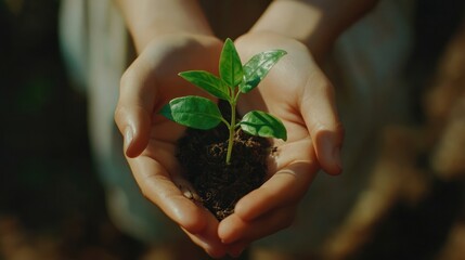A pair of hands gently holding a small plant in soil, symbolizing growth and care for nature.