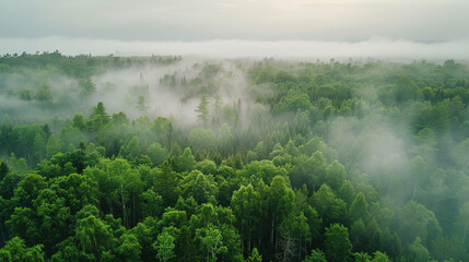 Top view a misty forest landscape with dense green trees