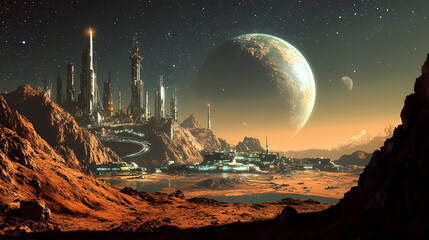 Illustration of a space colony on mars. Terraforming Colony. Illustration