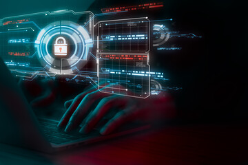 Fototapeta premium Data Security system concept, Business man use laptop with security icon screen, innovation technology, cloud computing, internet network communication