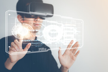 Digital information technology concept. Businessman wear VR glasses and touch hologram screen. Social network, Digital marketing, Computer science and financial, artificial intelligence.intelligence.