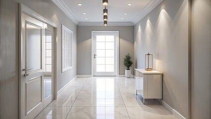Fototapeta premium A Minimalist Hallway With White Walls, Gleaming Marble Floor, and a Single Plant for a Touch of Green