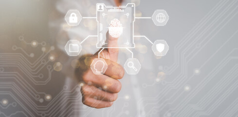 Data Security system concept, The man scan finger print to prevent hacker attack  system, innovation technology, cloud computing, internet network communication