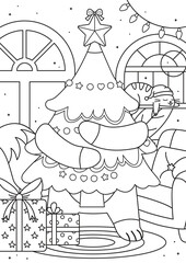 Coloring page for kids with a cute fox holding a christmas tree in the living room