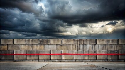Obraz premium A stark concrete wall with a single red ribbon, bisecting the grayness of the sky above