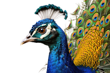 Obraz premium A close-up of a peacock head and upper body, capturing the detailed textures and vivid colors of its feathers. The peacock is set against a stark white background,