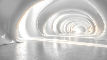 Obraz premium A Minimalist Abstract Tunnel with Curved White Walls and a Concrete Floor