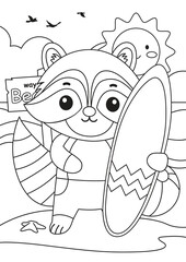 Coloring page for kids with a cute racoon holding a surfboard