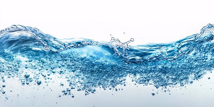 Dynamic splashes of clear blue water forming waves, highlighting movement and fluidity, isolated on a white background for striking visual impact.