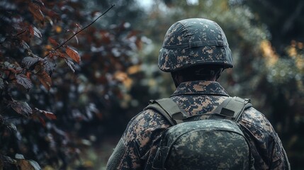 A soldier in camouflage stands in a forested area, reflecting a moment of contemplation.