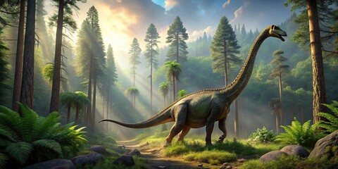 Realistic diplodocus dinosaur walking in prehistoric forest