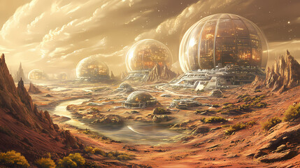 In its early stages, mars is being colonized. mars is terraforming. martian greenhouses are being built. Terraforming Colony. Illustration