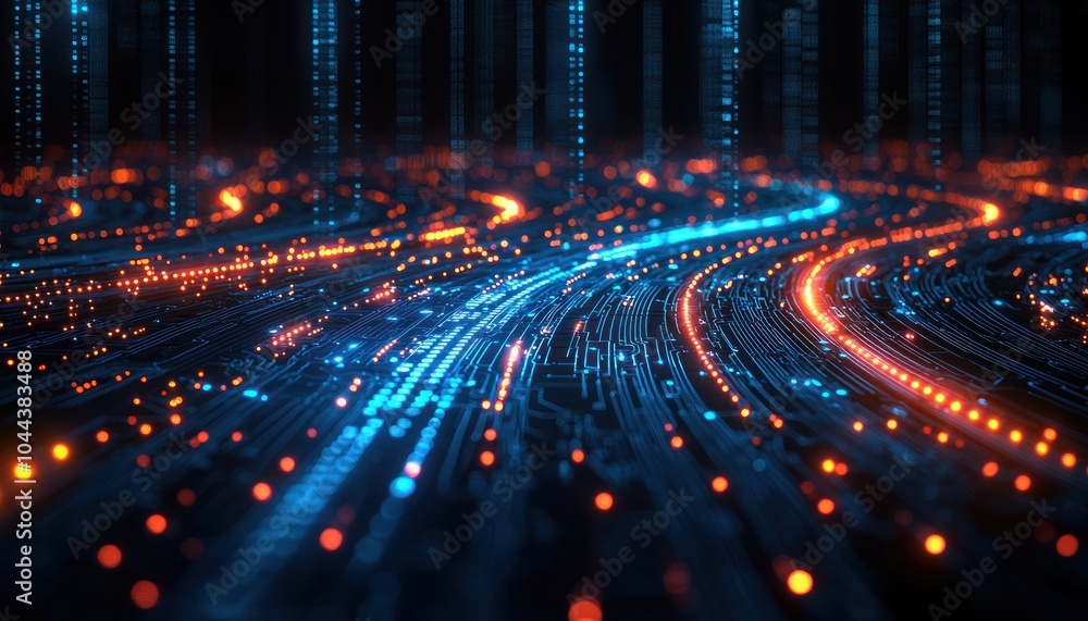 Poster abstract digital network with blue and orange glowing lines