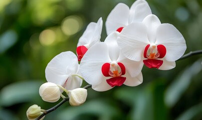 Fototapeta premium white and red blooming moth orchids phalaenopsis with a green natural backdrop,Generative AI