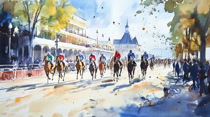 Horses Racing at Churchill Downs During a Vibrant Day of Equestrian Competition. Generative AI