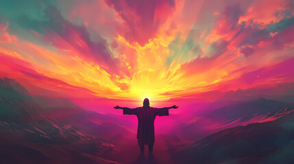 Jesus christ with his arms open to humanity - salvation and resurrection concept - vibrant sunset sky - vast landscape , ai. AI Overlord. Illustration