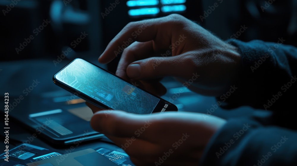 Poster a person using a smartphone in a dimly lit environment with technology elements visible.