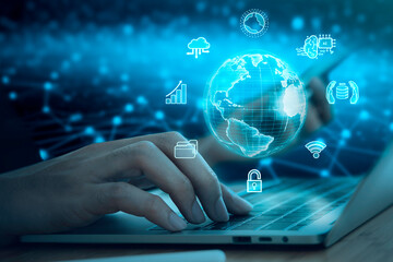 Business man using labtop with globe hologram and icons artificial intelligence.big data, science, innovation technology, cloud computing, futuristic, internet network communication concept