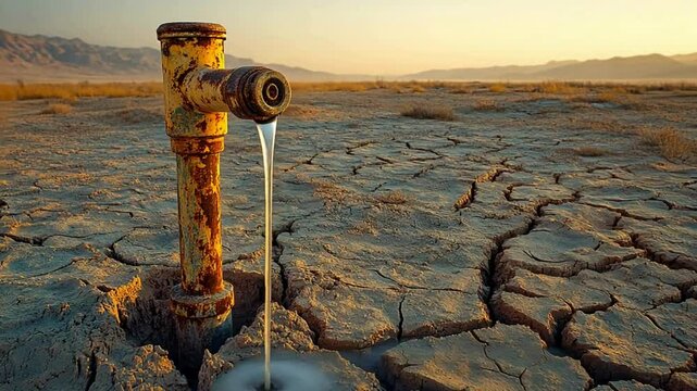 Old rusty water tap on dry cracked earth in deserted landscape.