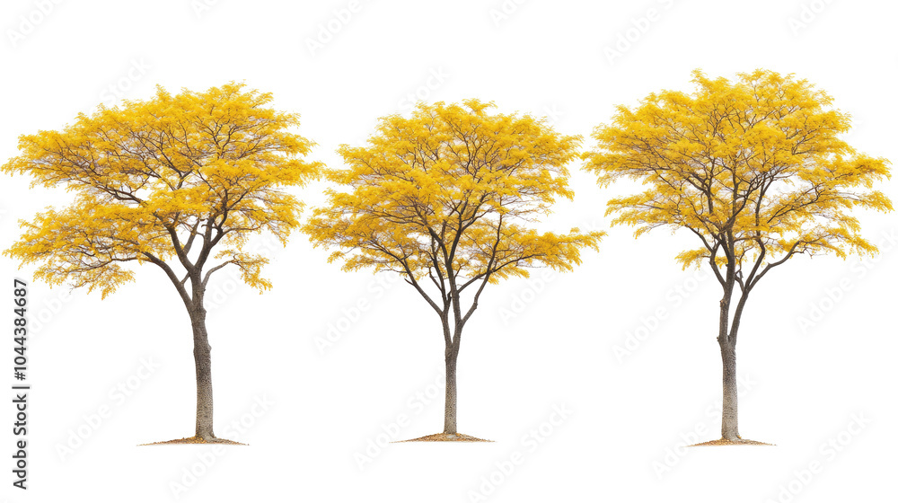 Poster golden-leaved trees collection on transparent background generative ai