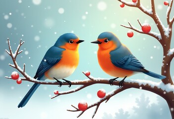 Fototapeta premium Bright and Cheerful Winter Scene: Colorful Birds Resting on a Branch, Perfect for New Year Celebrations and Holiday Greetings