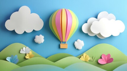 Colorful paper hot air balloon amidst clouds and hills, creating a whimsical landscape.