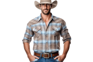 A relaxed cowboy wearing a stylish western outfit, including a hat, plaid shirt, jeans, and a belt buckle, standing casually on a white background