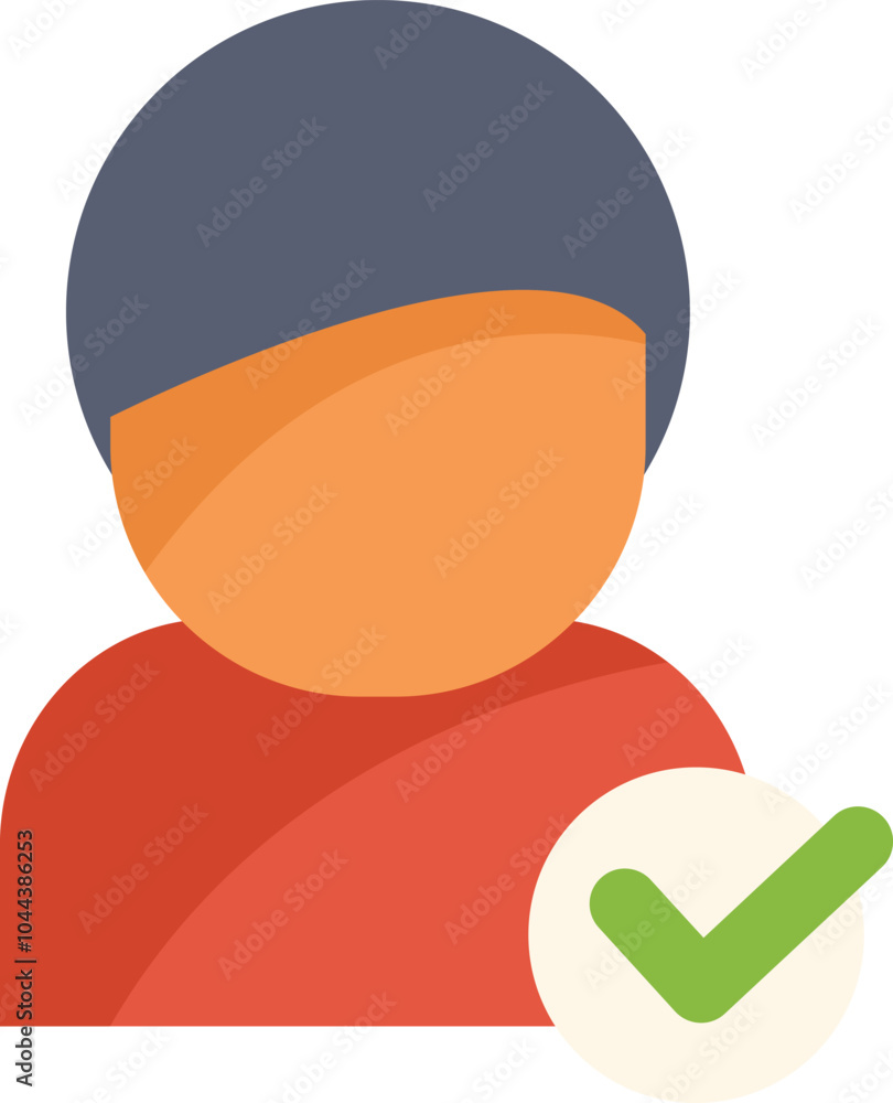 Poster stylized user account icon is getting verified with a green checkmark, in a flat design style