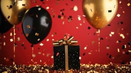 A festive scene featuring a gift box, balloons, and confetti, perfect for celebrations.