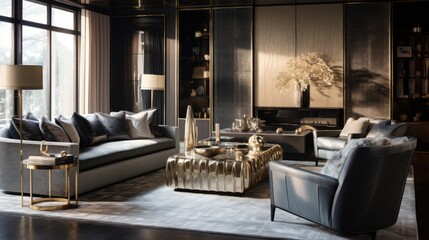 Fototapeta premium Modern Living Room with Gray Sofa and Armchairs, Gold Accents, and a Large Window