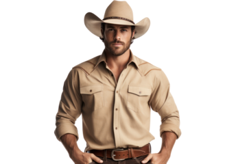 A stylish cowboy dressed in a western outfit with a hat, button-up shirt, and boots, standing relaxed on a white background