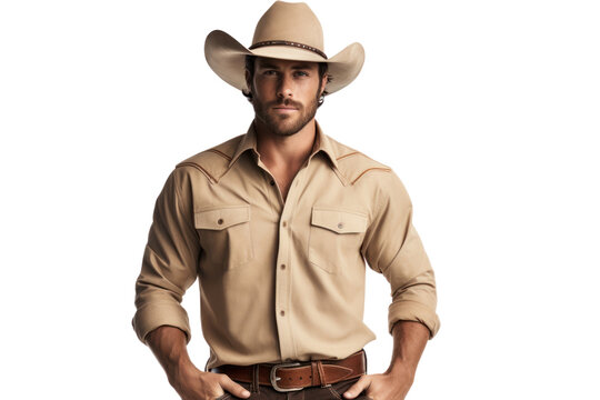 A stylish cowboy dressed in a western outfit with a hat, button-up shirt, and boots, standing relaxed on a white background