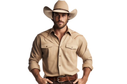 A stylish cowboy dressed in a western outfit with a hat, button-up shirt, and boots, standing relaxed on a white background