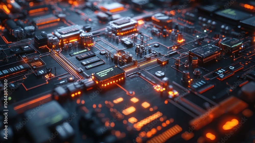 Poster a close-up view of a futuristic circuit board with glowing elements.