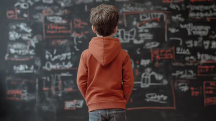 10 year old student standing in front of class with blackboard background full of learning notes 