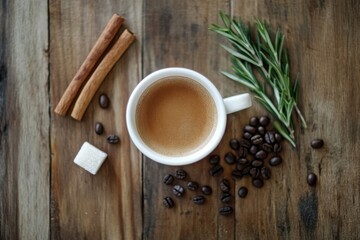 A coffee-themed flat lay featuring a cup of coffee, coffee beans, a cinnamon stick, a sugar cube, and a sprig of rosemary on a wooden surface
