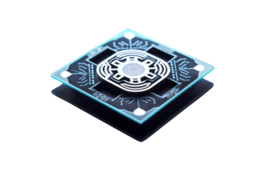 An AI chip embedded with an abstract digital atom icon, surrounded by complex circuit patterns, symbolizing advanced computing power isolated on white background