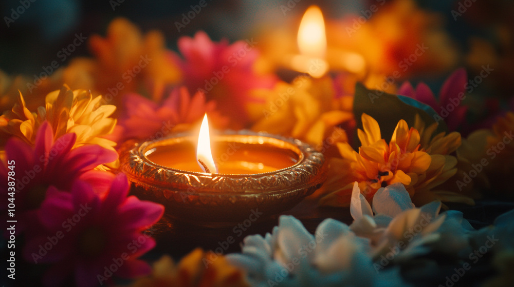 Wall mural Colorful diyas and flowers creating a festive ambience during Diwali celebrations at night