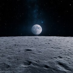 A lunar landscape with Earth visible in the distance against a starry sky.
