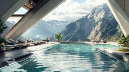 Fototapeta premium A modern poolside view showcasing mountains and nature, emphasizing relaxation and luxury.