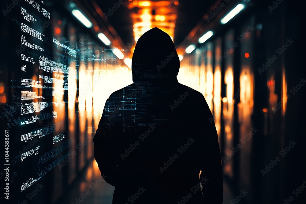 Poster silhouette of a hacker in a corridor, representing threats in digital security.