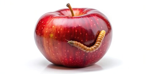 red apple with worms inside on white background