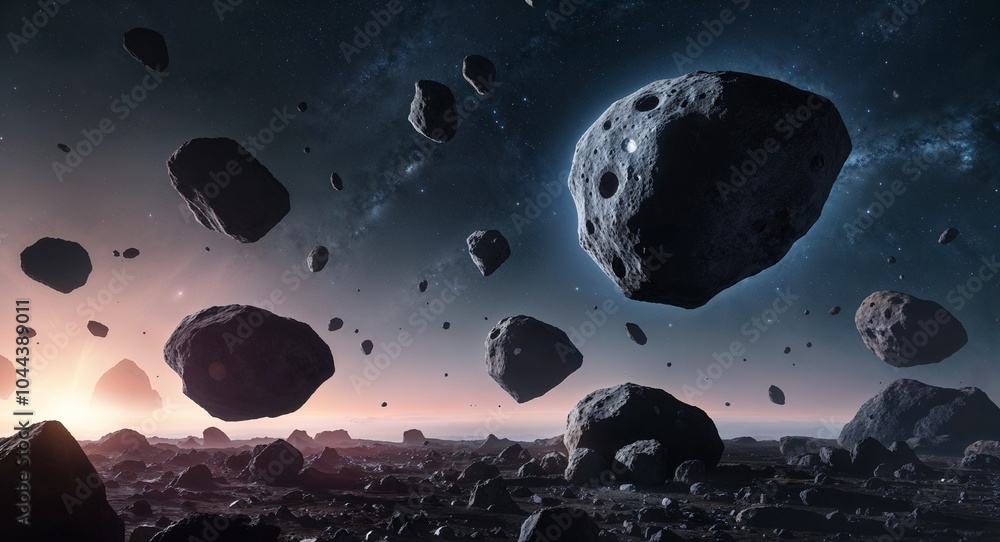 Poster asteroid field floating silently in the vastness of space background rocky debris hinting at the rem
