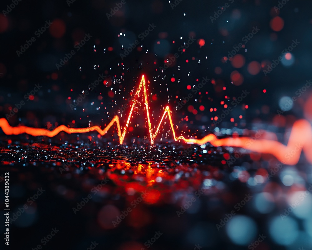 Poster abstract visualization of a digital heartbeat on a dark background, glowing red lines with sparkles.