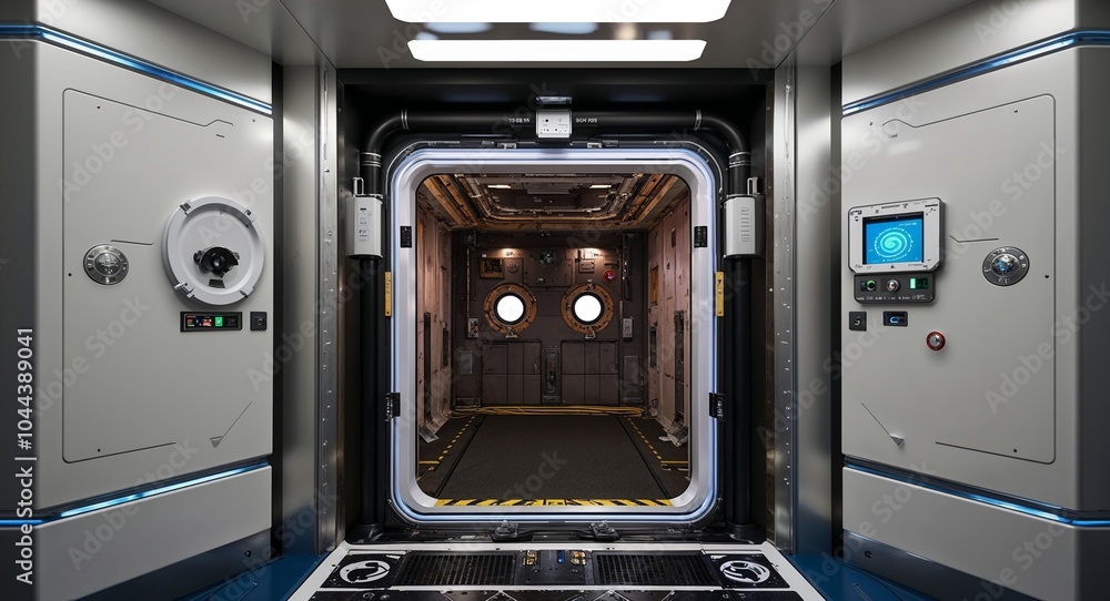 Poster Automated airlock system with smart sealing mechanisms and control panels background secure entrance ensuring safety during docking and planetary excursions