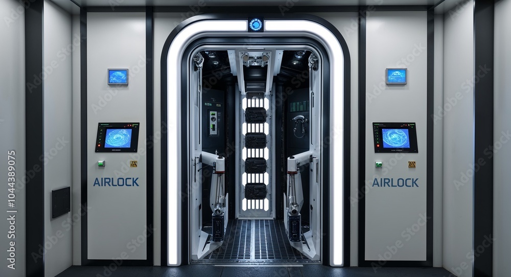 Poster automated airlock system with smart sealing mechanisms and control panels background secure entrance