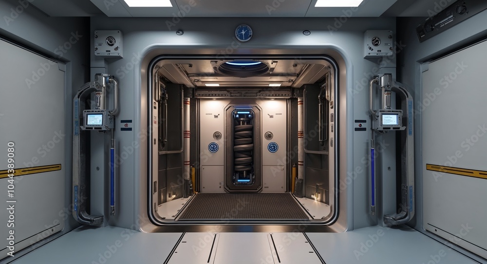 Poster automated airlock system with smart sealing mechanisms and control panels background secure entrance